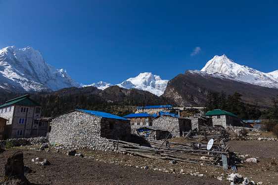 Panoramic view of Himal Chuli, 7893m, Ngadi Chuli, 7879m, Manaslu, 8163m, Shyala, Buri Gandaki Valley