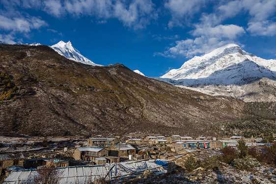 Manaslu, 8163m, and Naike Peak, 6211m, seen from Sama (Samagaon) in the Buri Gandaki Valley