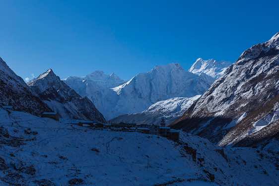 View down Buri Gandaki Valley from Samdo village: Rani Peak, 6693m, Simnang Himal, 6251m, Himal Chuli, 7893m