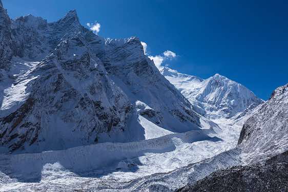 Top of Mount Manaslu, 8163m, Manaslu North, 7157m, and Larkya Glacier on ascent from Samdo to Dharamsala (Larkye Phedi)