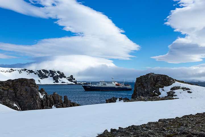 Plancius anchoring at Half Moon Bay, Half Moon Island, South Shetland Islands