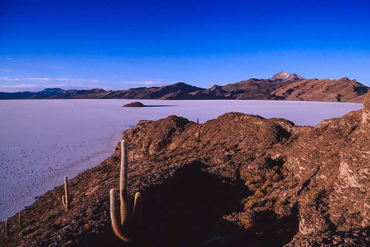Island at sunset with volcano Tunupa, 5432m, in the background, Salar de Uyuni