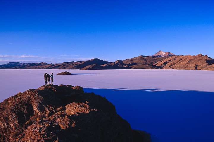 Panoramic view at sunset with volcano Tunupa, 5432m, in the background, Salar de Uyuni