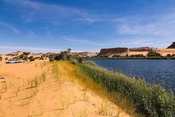 Freshwater Lake Bokou, Ounianga Serir series of lakes, Ennedi region, Sahara desert, northern Chad. The lake is fed by fossil groundwater