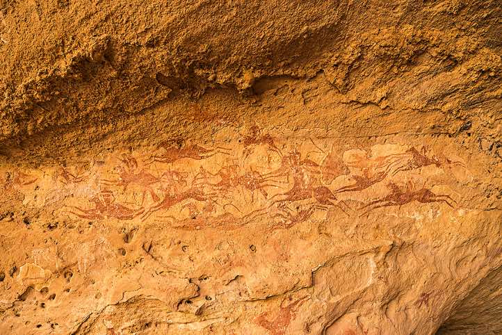 Rock painting of Equestrian warriors, Terkei Cave, Ennedi, northeastern Chad