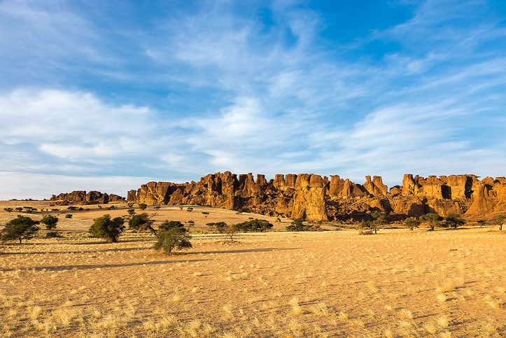 Panoramic view of sandstone rock formations, Ennedi Mountains, northeastern Chad