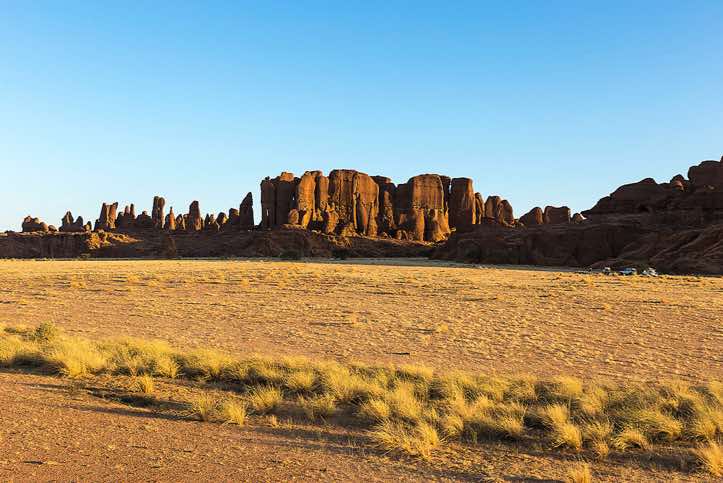 Panoramic view of sandstone rock formations near campsite, Ennedi Mountains, northeastern Chad