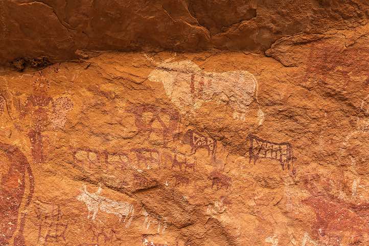 Rock painting depicting cows and bulls, goats, a camel, and a human figure (upper left) with white dots throughout his body, Kozen rock art site, Tibesti region