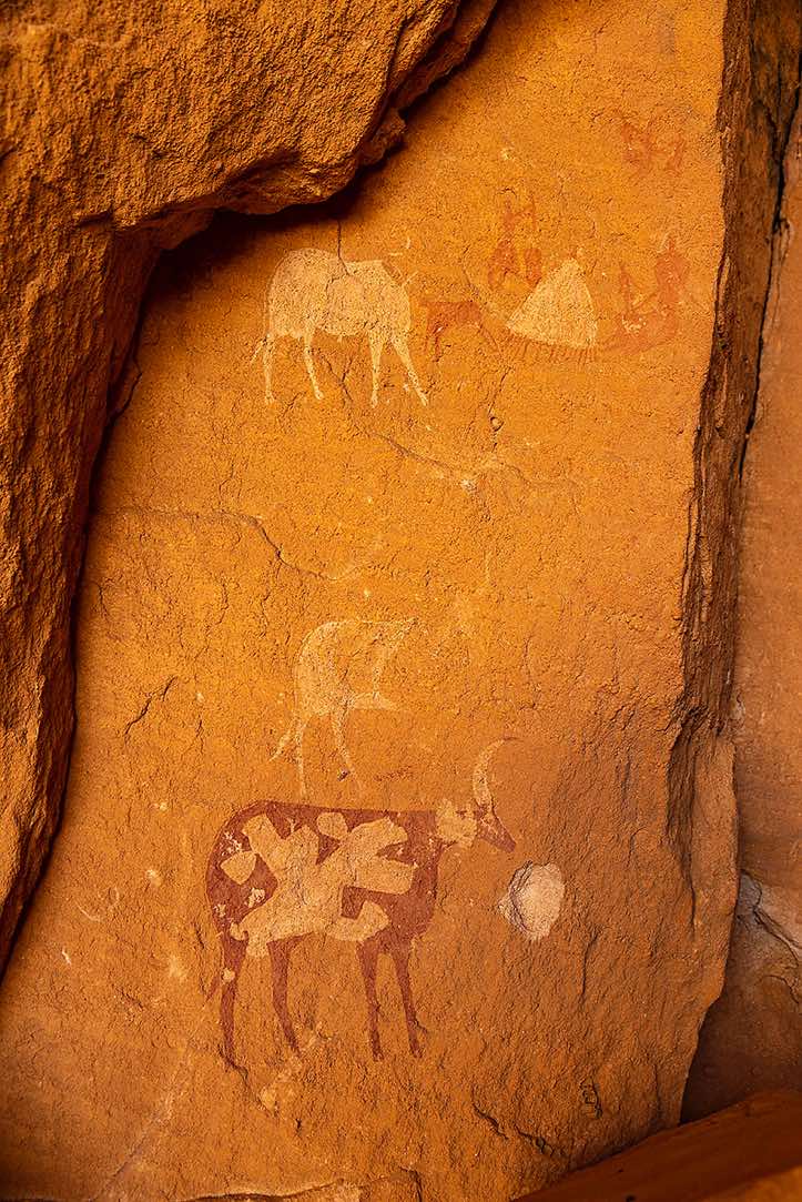 Rock art panel of human figures, cows and a (white) hut, Gaora Hallagana, Ennedi, northeastern Chad