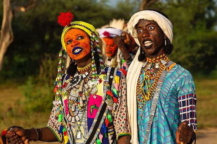 Wodaabe (Bororo) men roll their eyes and show their teeth at the Gerewol festival