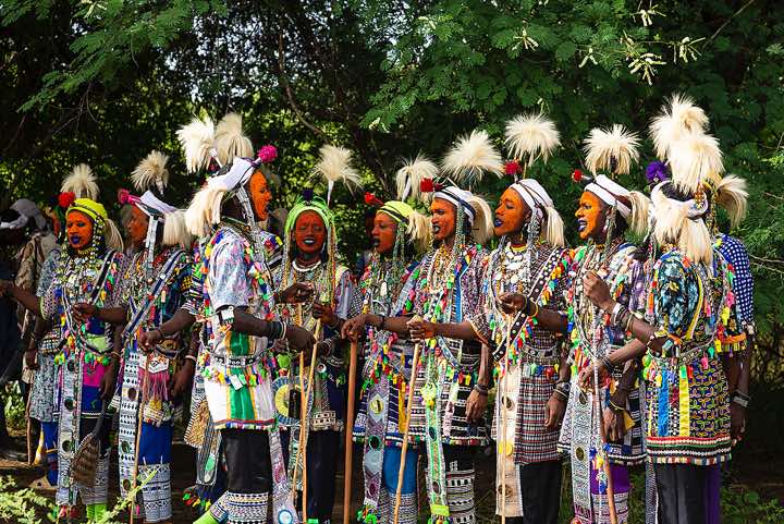 Wodaabe (Bororo) men chanting and dancing at the Gerewol festival