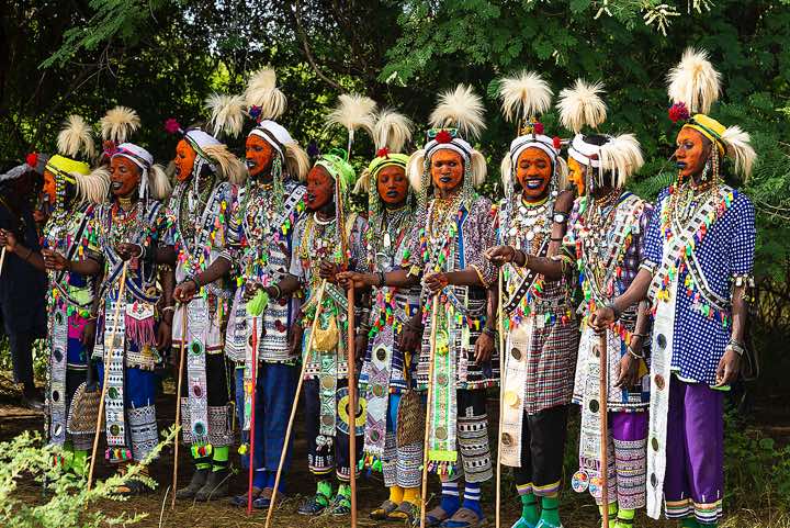 Wodaabe (Bororo) men chanting and dancing at the Gerewol festival