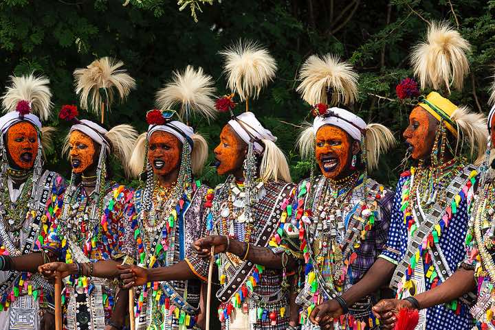 Wodaabe (Bororo) men chanting and dancing at the Gerewol festival