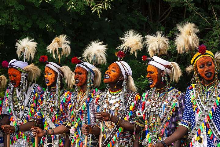 Wodaabe (Bororo) men chanting and dancing at the Gerewol festival