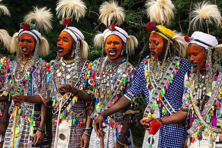 Wodaabe (Bororo) men chanting and dancing at the Gerewol festival