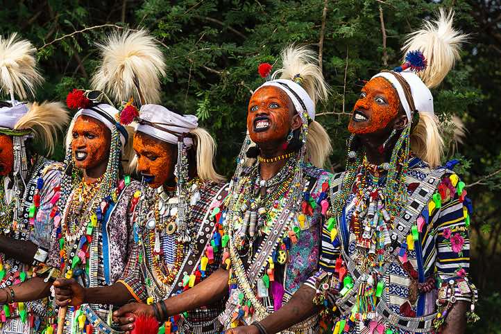 Wodaabe (Bororo) men chanting and dancing at the Gerewol festival