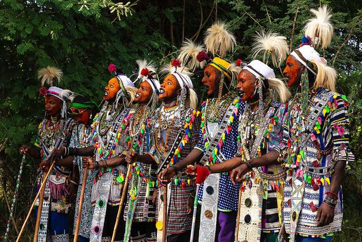 Wodaabe (Bororo) men chanting and dancing at the Gerewol festival