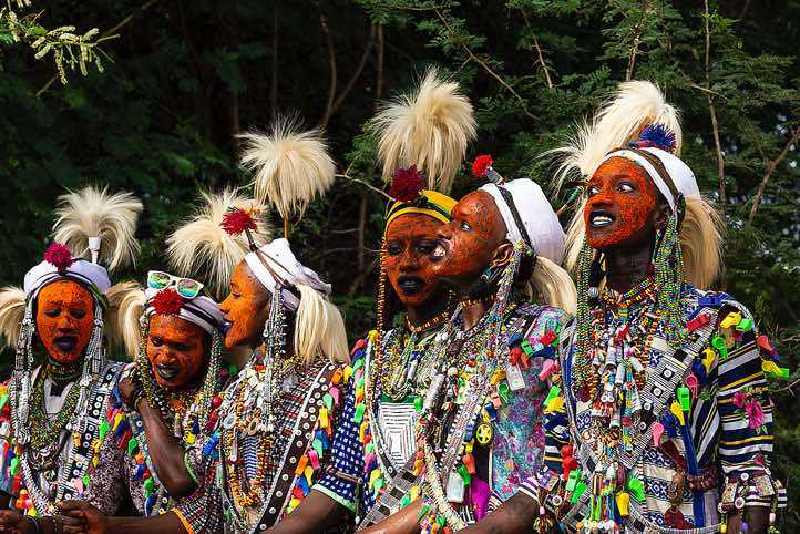 Wodaabe (Bororo) men chanting and dancing at the Gerewol festival