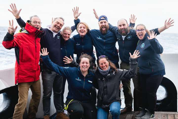 Our great Oceanwide Expeditions Staff: Assistant Expedition Leader Pippa Low, Expedition Leader Ali Liddle (both kneeling down) and Expedition Guide Cas Eikenaar, Expedition Guide Koen Hoekemeijer, Expedition Guide Stefanie Liller, Ships doctor Anneke Planting, Expedition Guide Joshua Peck, Expedition Guide George Kennedy, Expedition Guide Katlyn Taylor