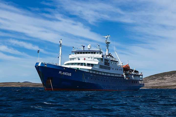 Plancius anchoring in front of New Island, the first landing site in The Falklands