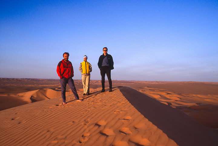 Uwe, Brigitte and myself enjoying the sunset at the top of a dune, Ubari Sand Sea (Edeyen Ubari)