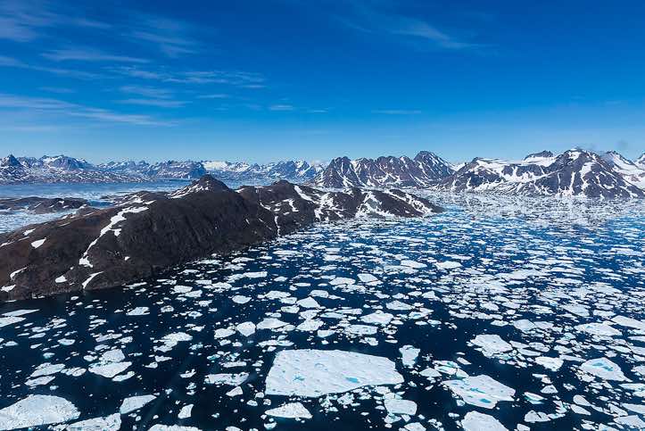 Aerial view of Ammassalik Fjord, helicopter flight from Kulusuk Island to Tasiilaq