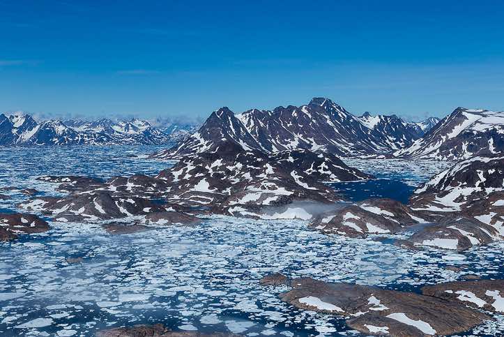 Aerial view of Ammassalik Fjord, helicopter flight from Kulusuk Island to Tasiilaq