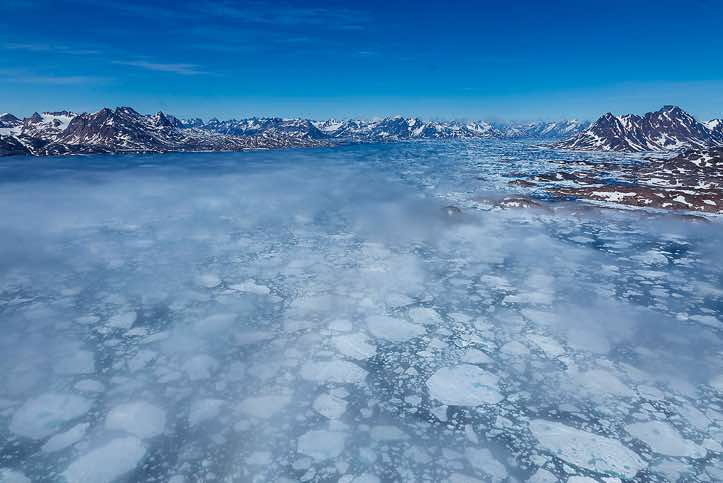 Aerial view of Ammassalik Fjord, helicopter flight from Kulusuk Island to Tasiilaq