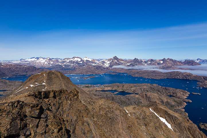 Tasiilaq Fjord, seen from the top of Qaqqartivakajik (Qaqertivagajik) mountain, 680m, Tasiilaq, Ammassalik Island