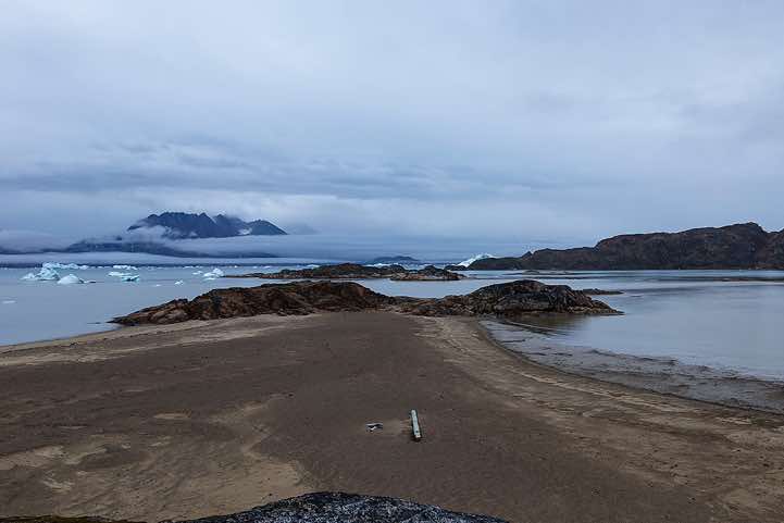 Sermilik Fjord in clouds, seen from campsite near Sermilik Research Station, Ammassalik Island