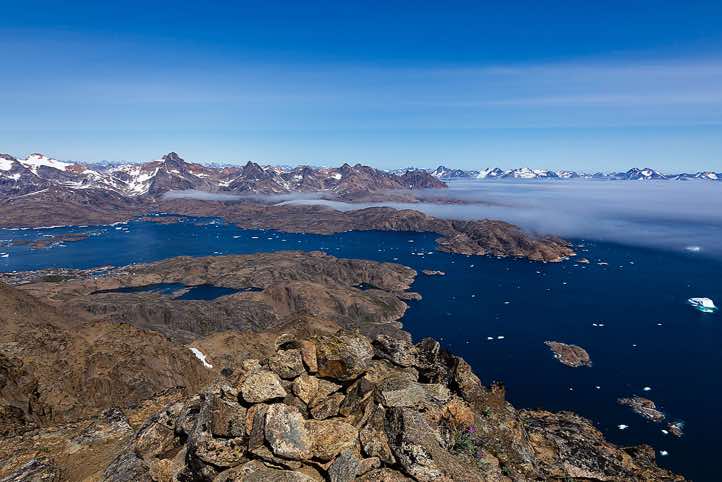 Tasiilaq Fjord and Ammassalik Fjord, seen from the top of Qaqqartivakajik (Qaqertivagajik) mountain, 680m, Tasiilaq, Ammassalik Island