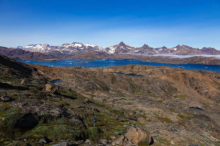 Tasiilaq and Tasiilaq Fjord, seen from the mountain slopes south of Tasiilaq, Ammassalik Island