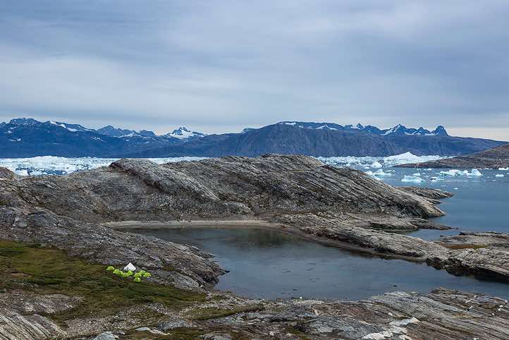 Tasilartik Fjord campsite with Sermilik Fjord in the background