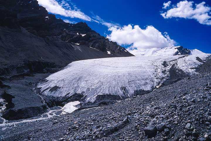 The tongue of the Pare Chu glacier spilling over from the Parang La pass, Spiti to Ladakh Trek