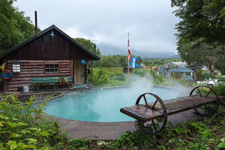 Hot swimming pool at our comfortable 'basecamp' in Pauzhetka, a small remote village to the far south of the peninsula, situated between the Sea of Okhotsk and Kurile Lake, surrounded on all sides by volcanoes