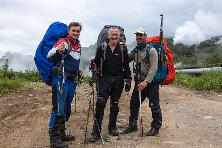 Russian guide Ivan Popov, Russian guide Evgeni and German tour guide Marco (from left), Pauzhetka village