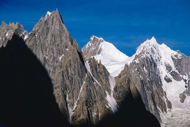 The early morning sun lights up the Biarchedi, 6759m, Concordia, Karakoram Mountains