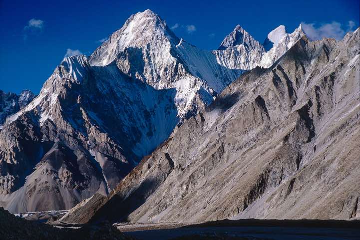 Gasherbrum group (I-IV, from right), seen at sunset from Camp Ali, 5000m, Karakoram Mountains