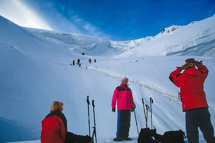 Climbing a steep glacier slope, Gondogoro La pass, Karakoram Mountains
