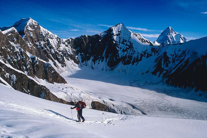 Taking the last couple of steps towards the top of the Gondogoro La pass, Karakoram Mountains