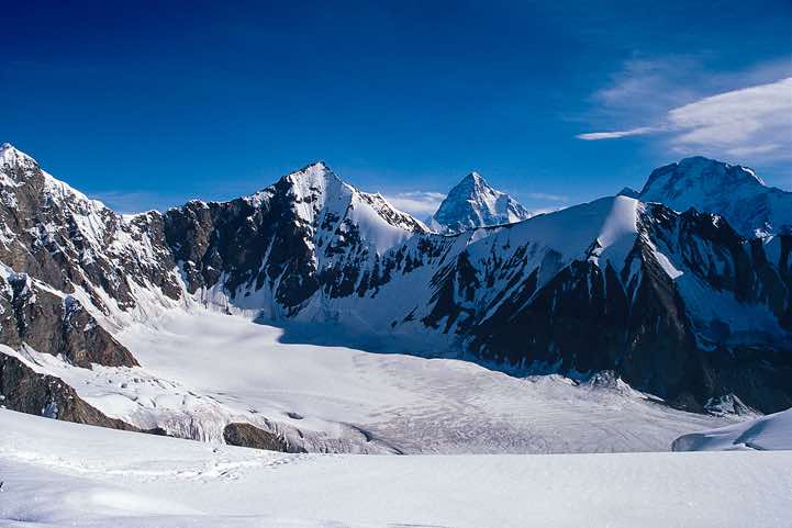 K2 and Broad Peak, seen from the top of the Gondogoro La pass, Karakoram Mountains