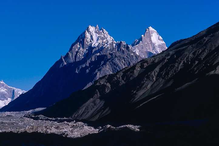 Top of Uzun Brakk, 6422m, seen from near Camp Shafong, Karakoram Mountains