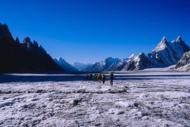 Group of porters on the Biafo Glacier, Karakoram Mountains