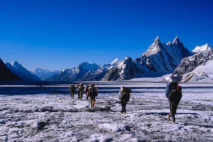 Group of porters on the Biafo Glacier, Karakoram Mountains