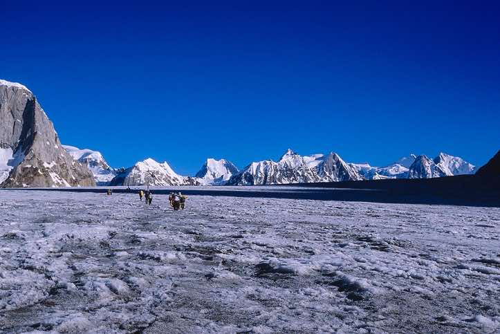 Group of porters on the Biafo Glacier, Karakoram Mountains