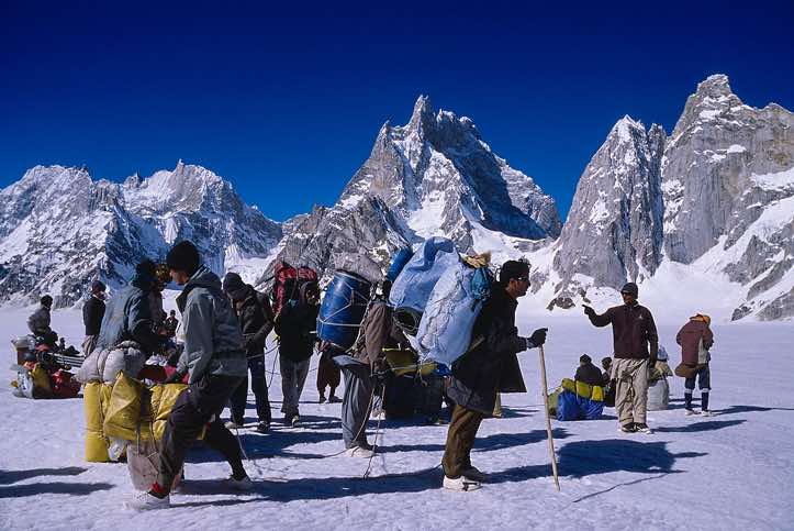 Group of porters on the Biafo Glacier, Karakoram Mountains