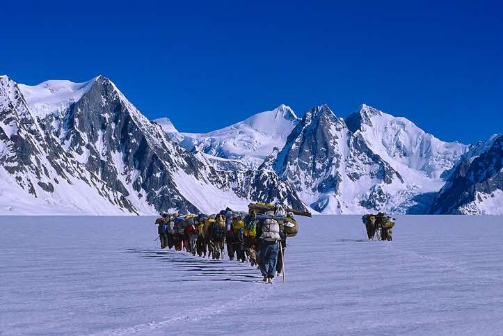 Group of porters on the Biafo Glacier, Karakoram Mountains