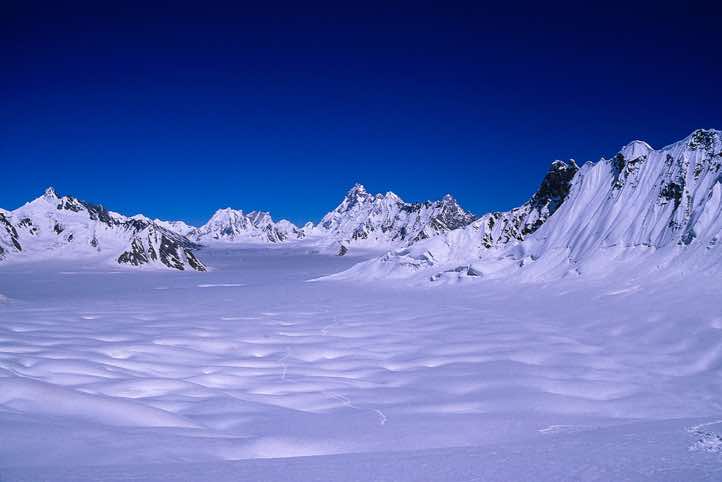 Snow Lake, known locally as Lukpe Lawo, seen from the top of the Hispar La pass, 5150m, Karakoram Mountains