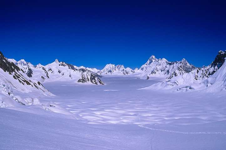 Snow Lake, an expanse of ice covering around 80 sq km, seen from the top of the Hispar La pass, 5150m, Karakoram Mountains