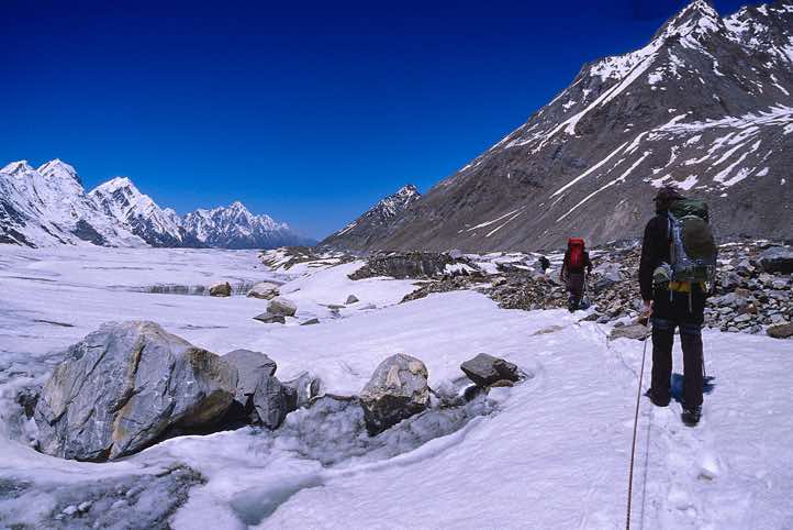 Walking on the Hispar Glacier moraine, Karakoram Mountains
